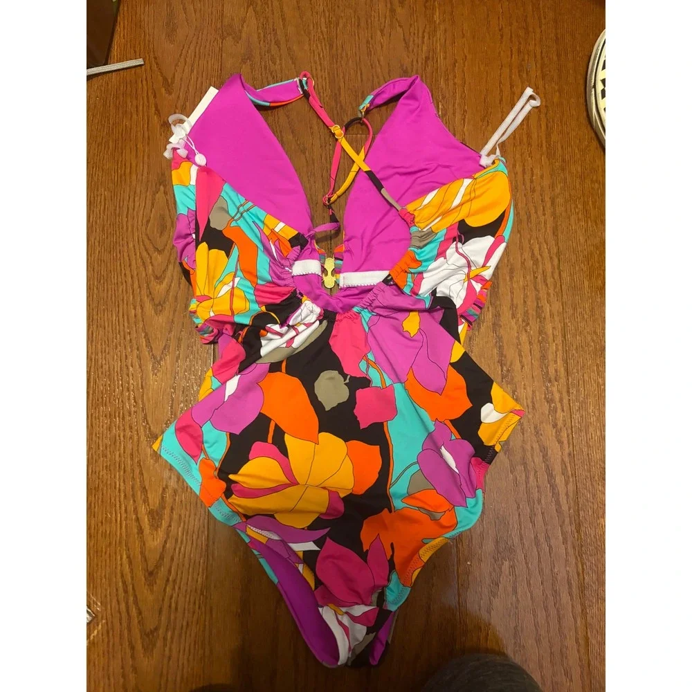 Trina Turk Gemini Plunge One Piece‎ Swimsuit Multicolor Black Hardware NWT 14